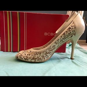 BCBGirls Ornate White Peep-toe Ankle Strap Heels